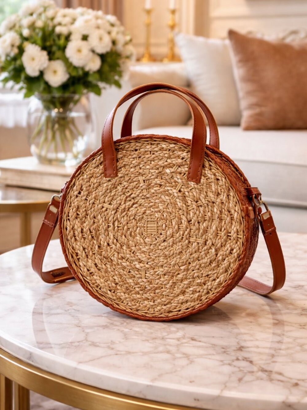 Boutique Woven Canteen Crossbody Bag Round Straw Cognac Trim Resort Chic NWOT - Picture 2 of 8
